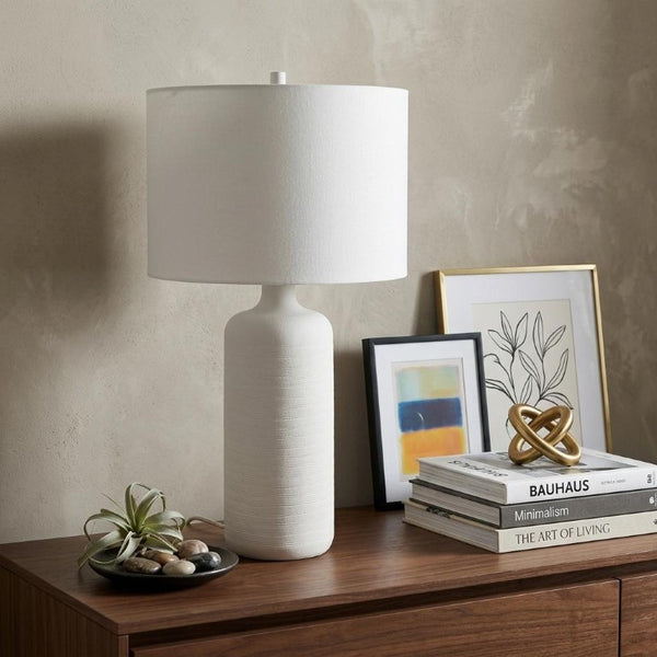 31 Inch Tall White Table Lamp with Fabric Drum Shade for Bedroom Nightstand Decor