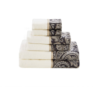JLA Home Madison Park - 6 Piece Jacquard Towel Set — 100% Cotton OEKO-TEX Black & Gold Paisley Hem, Ultra-Absorbent Luxury MP73-5309