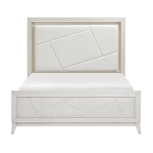 English Elm Antique White Oak Queen Bed Ivory Chenille Headboard Led Glow Geometric Modern B011S01615