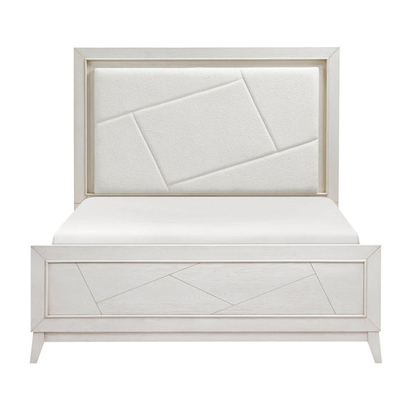 English Elm Antique White Oak Queen Bed Ivory Chenille Headboard Led Glow Geometric Modern B011S01615