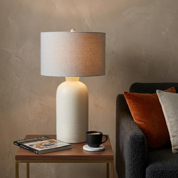 33 Inch Cream Drum Shade Table Lamp Elegant Bedside Lighting for Modern Bedroom Decor