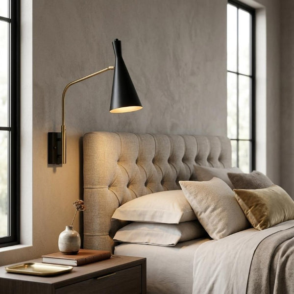 5 Inch Antiqued Gold Black Metal Swing Arm Sconce for Bedroom or Living Room