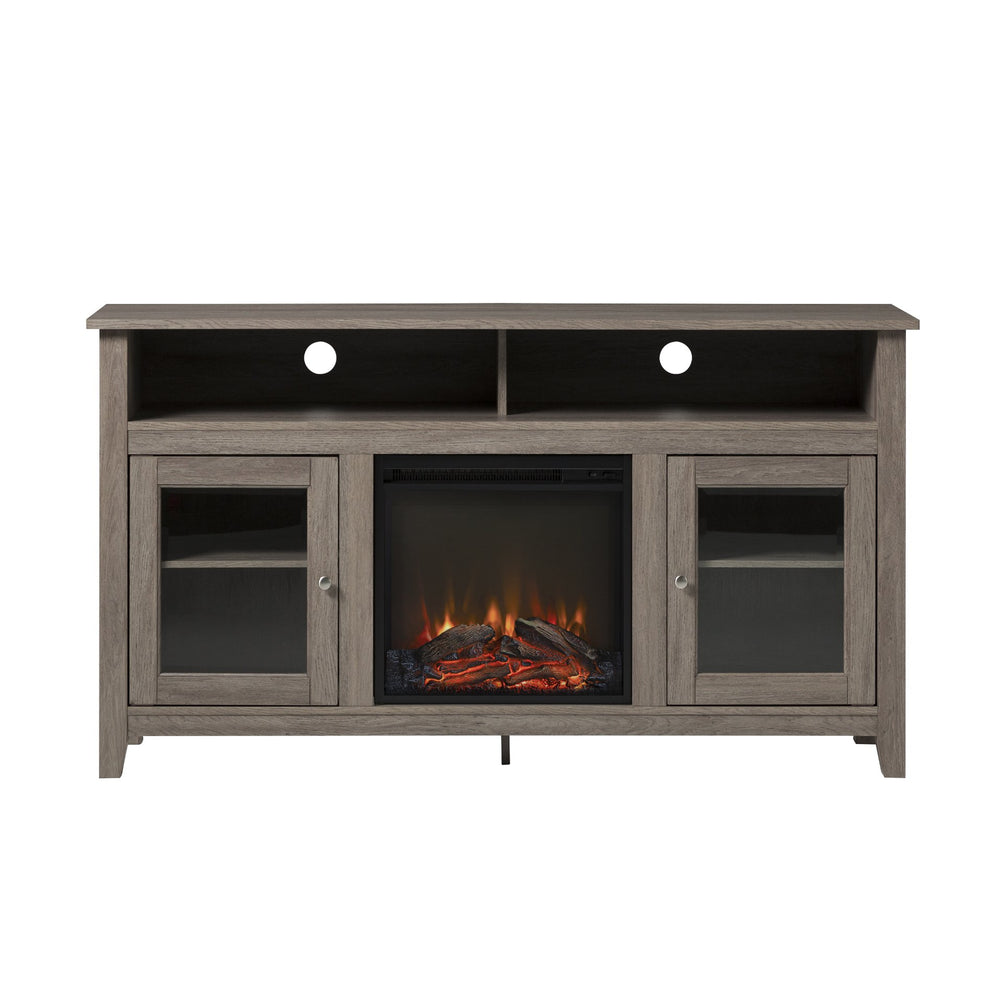 English Elm Walker Edison - Classic Reclaimed Barnwood Glass-Door Fireplace TV Stand with LED Flames, Tall Storage for 65" TVs B185P169428