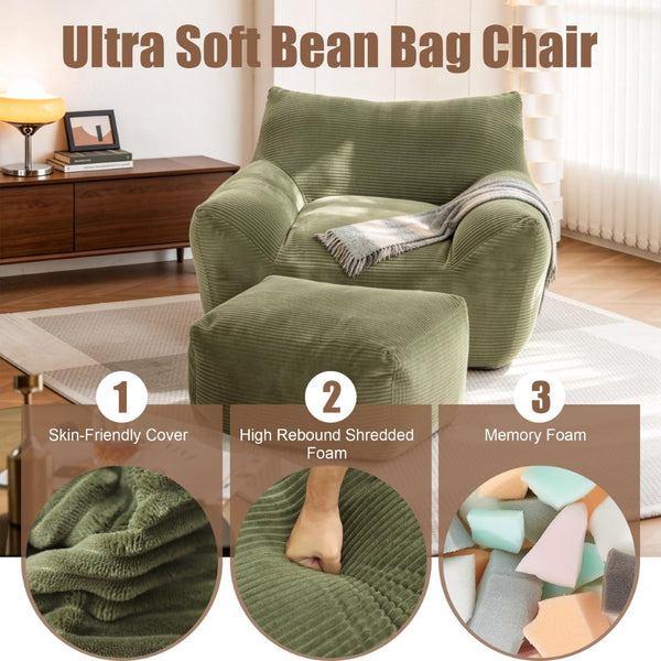 English Elm Bean Bag Chair with Armrests Shredded Foam Fill Oversized Lounge Seat for Adults Green W5385P433244