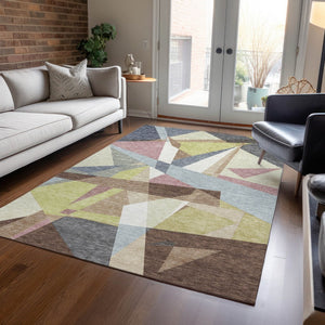 HomeRoots 5' Washable Indoor Outdoor Area Rug in Khaki Beige & Mauve Geometric Design – Durable & Stylish! 611953