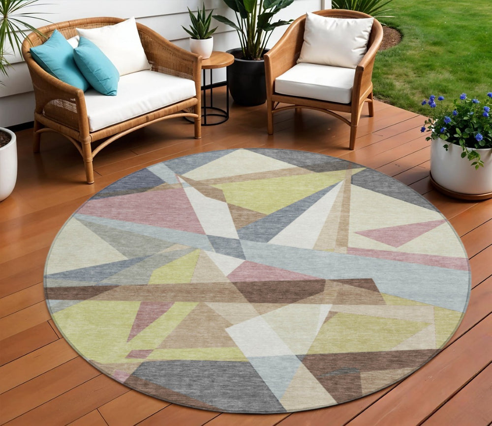 HomeRoots 8' Modern Geometric Washable Area Rug in Khaki, Beige & Mauve - Perfect for Indoor & Outdoor Spaces! 611954