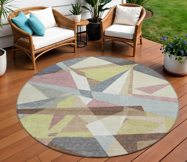 HomeRoots 8' Modern Geometric Washable Area Rug in Khaki, Beige & Mauve - Perfect for Indoor & Outdoor Spaces! 611954