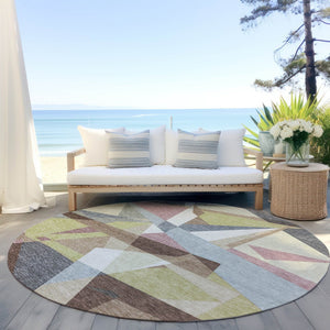 HomeRoots 8' Modern Geometric Washable Area Rug in Khaki, Beige & Mauve - Perfect for Indoor & Outdoor Spaces! 611954
