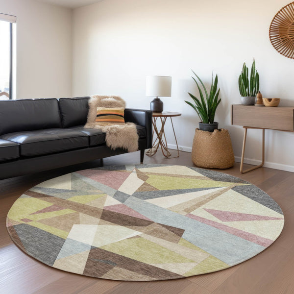 HomeRoots 8' Modern Geometric Washable Area Rug in Khaki, Beige & Mauve - Perfect for Indoor & Outdoor Spaces! 611954