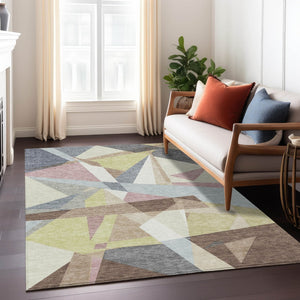 HomeRoots 9' X 12' Khaki Beige & Mauve Geometric Area Rug - Durable, Washable, Stylish for Indoor & Outdoor Use 611956