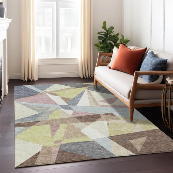 HomeRoots 9' X 12' Khaki Beige & Mauve Geometric Area Rug - Durable, Washable, Stylish for Indoor & Outdoor Use 611956
