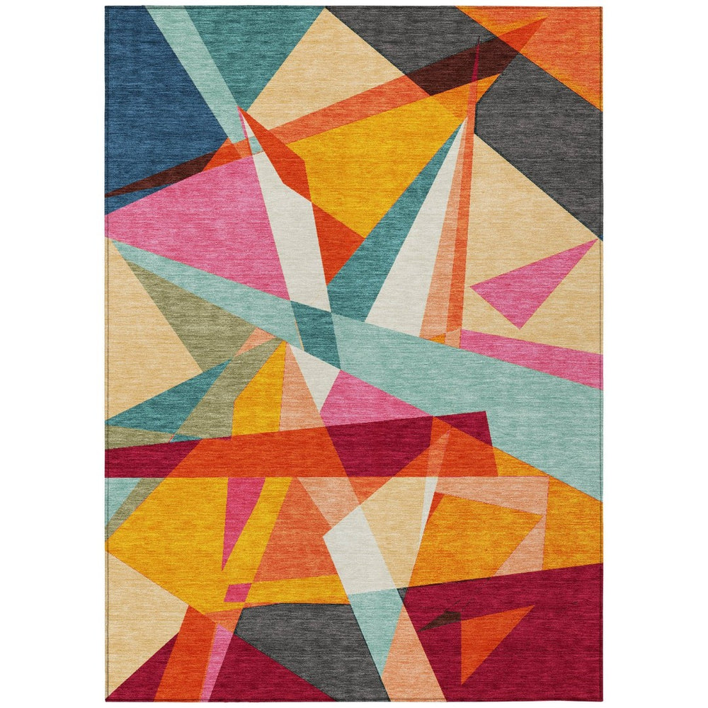 HomeRoots 5' Indoor/Outdoor Washable Area Rug in Bold Orange, Blue & Gold Geometric Design – Durable & Stylish! 611959