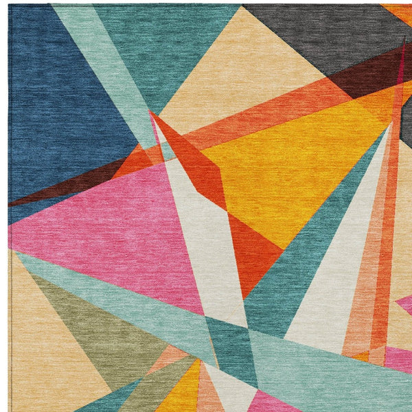 HomeRoots 5' Indoor/Outdoor Washable Area Rug in Bold Orange, Blue & Gold Geometric Design – Durable & Stylish! 611959