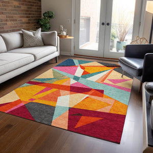 HomeRoots 5' Indoor/Outdoor Washable Area Rug in Bold Orange, Blue & Gold Geometric Design – Durable & Stylish! 611959