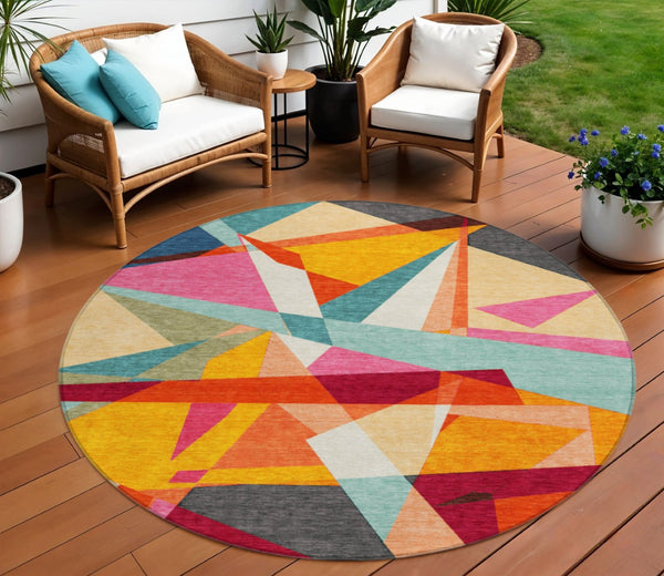 HomeRoots 8' Vibrant Round Geometric Washable Area Rug in Orange, Blue & Gold for Indoor/Outdoor Spaces 611960