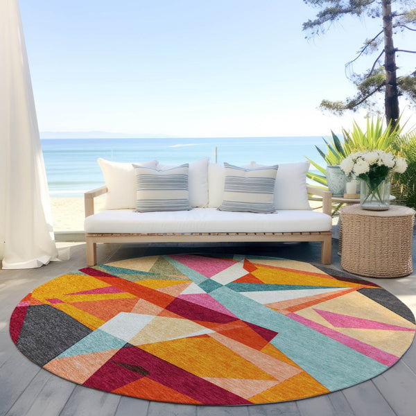 HomeRoots 8' Vibrant Round Geometric Washable Area Rug in Orange, Blue & Gold for Indoor/Outdoor Spaces 611960
