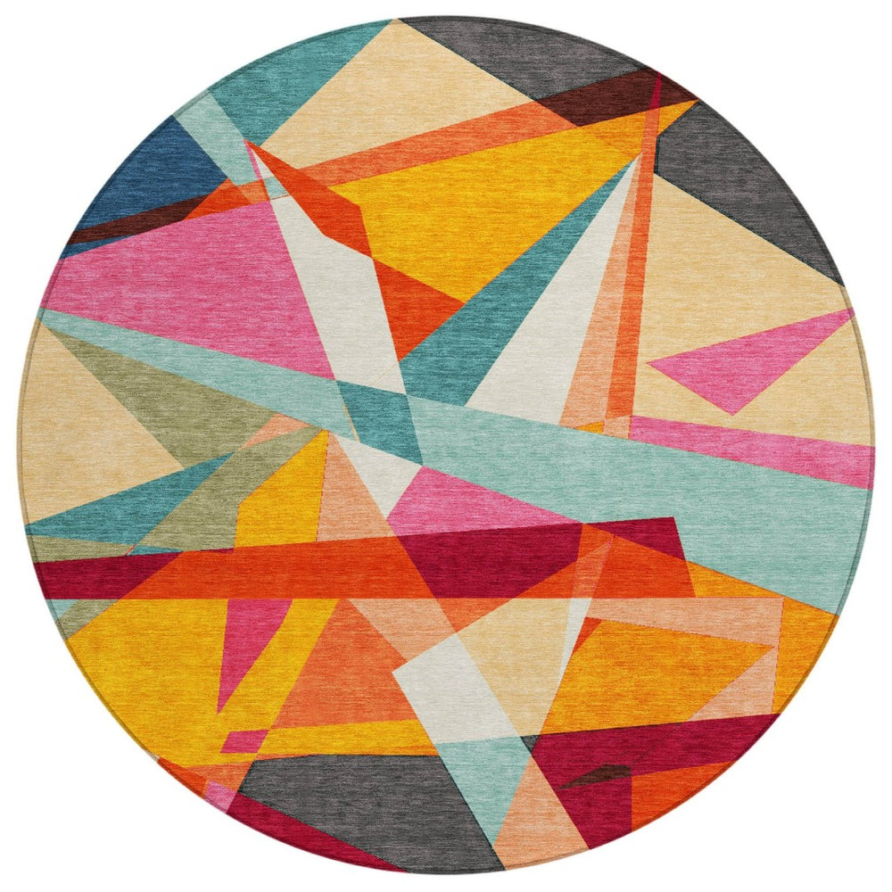 HomeRoots 8' Vibrant Round Geometric Washable Area Rug in Orange, Blue & Gold for Indoor/Outdoor Spaces 611960