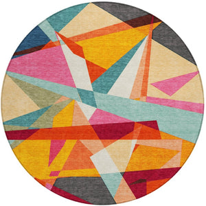HomeRoots 8' Vibrant Round Geometric Washable Area Rug in Orange, Blue & Gold for Indoor/Outdoor Spaces 611960