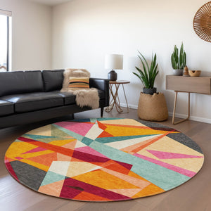 HomeRoots 8' Vibrant Round Geometric Washable Area Rug in Orange, Blue & Gold for Indoor/Outdoor Spaces 611960