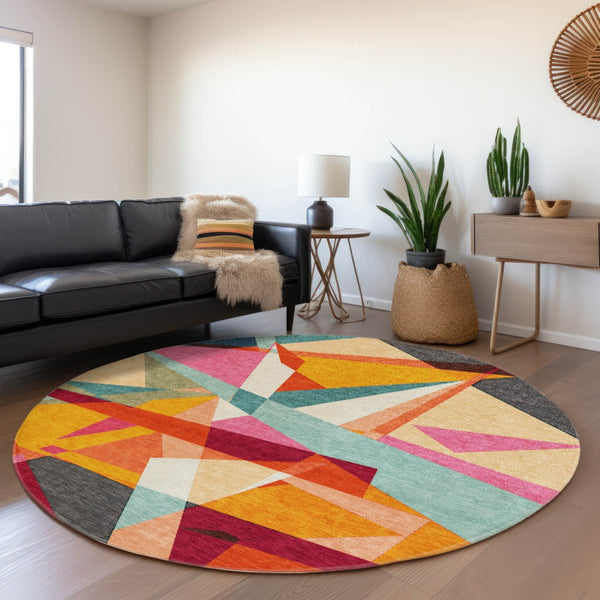 HomeRoots 8' Vibrant Round Geometric Washable Area Rug in Orange, Blue & Gold for Indoor/Outdoor Spaces 611960