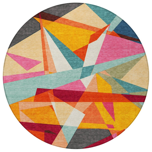 HomeRoots 8' Vibrant Round Geometric Washable Area Rug in Orange, Blue & Gold for Indoor/Outdoor Spaces 611960