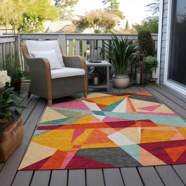 HomeRoots 10' Vibrant Geometric Area Rug – Washable Indoor/Outdoor Design in Orange, Blue & Gold for Versatile Spaces 611963