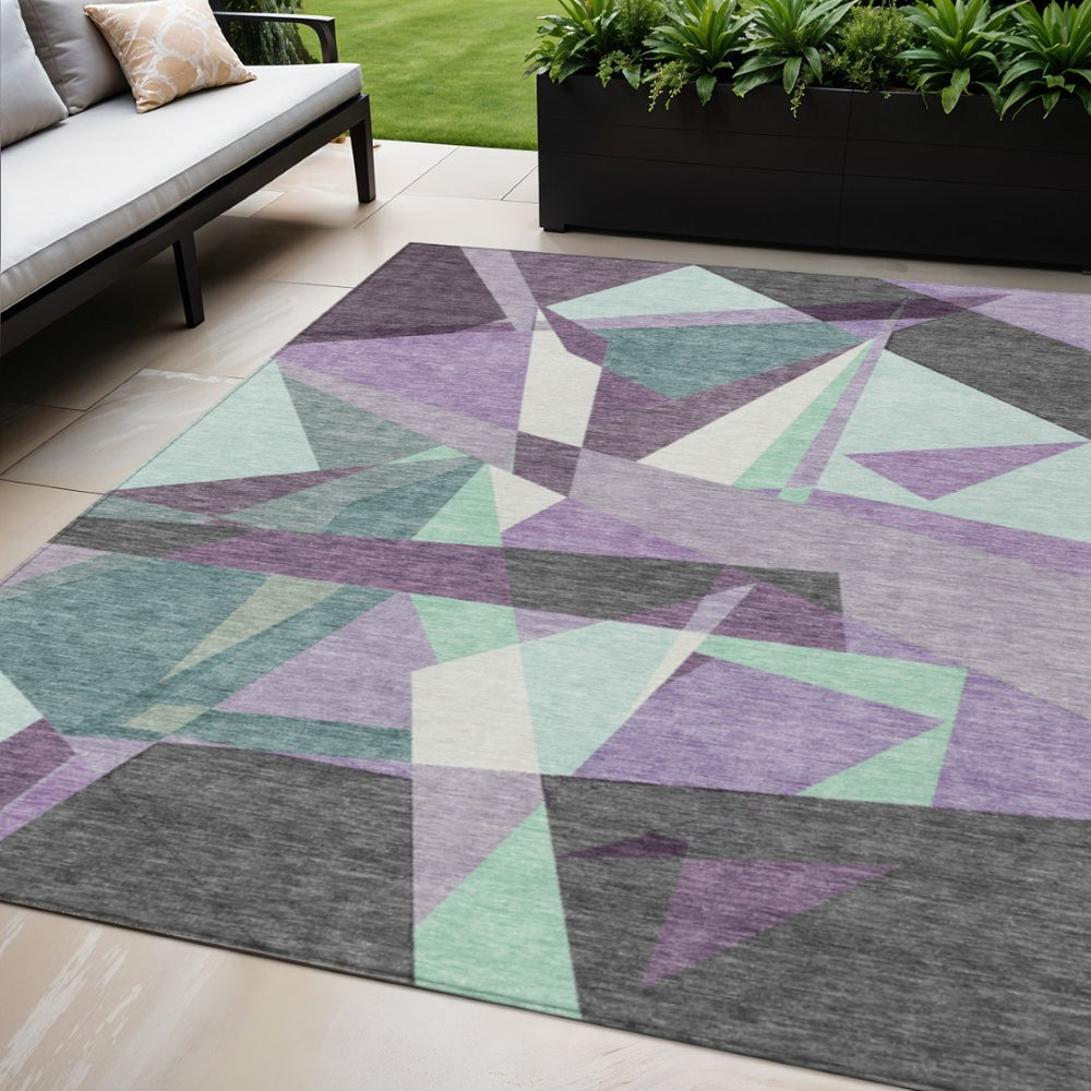 HomeRoots 5' Modern Geometric Area Rug in Purple, Teal, Blue & Gray – Washable, Indoor/Outdoor, Stylish & Durable 611965