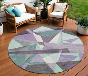 HomeRoots 8' Stylish Purple Teal Blue & Gray Round Geometric Area Rug - Washable for Indoor/Outdoor Use! 611966