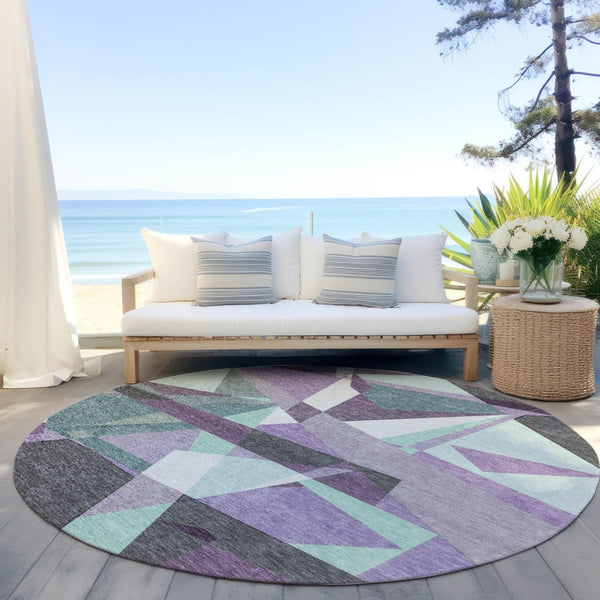 HomeRoots 8' Stylish Purple Teal Blue & Gray Round Geometric Area Rug - Washable for Indoor/Outdoor Use! 611966
