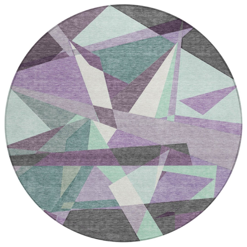 HomeRoots 8' Stylish Purple Teal Blue & Gray Round Geometric Area Rug - Washable for Indoor/Outdoor Use! 611966