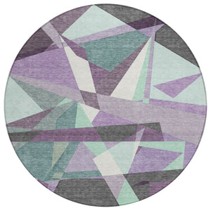 HomeRoots 8' Stylish Purple Teal Blue & Gray Round Geometric Area Rug - Washable for Indoor/Outdoor Use! 611966