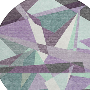 HomeRoots 8' Stylish Purple Teal Blue & Gray Round Geometric Area Rug - Washable for Indoor/Outdoor Use! 611966