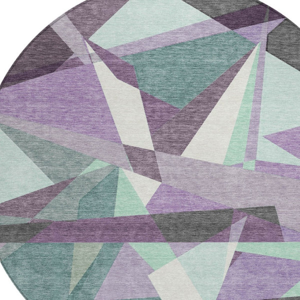 HomeRoots 8' Stylish Purple Teal Blue & Gray Round Geometric Area Rug - Washable for Indoor/Outdoor Use! 611966