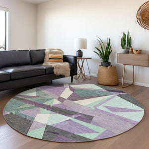 HomeRoots 8' Stylish Purple Teal Blue & Gray Round Geometric Area Rug - Washable for Indoor/Outdoor Use! 611966