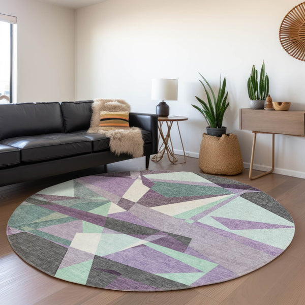 HomeRoots 8' Stylish Purple Teal Blue & Gray Round Geometric Area Rug - Washable for Indoor/Outdoor Use! 611966