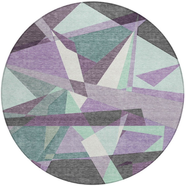 HomeRoots 8' Stylish Purple Teal Blue & Gray Round Geometric Area Rug - Washable for Indoor/Outdoor Use! 611966