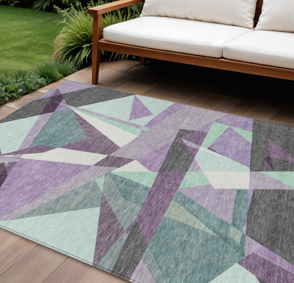 HomeRoots 8' X 10' Geometric Washable Area Rug in Purple, Teal, Blue & Gray – Perfect for Indoor & Outdoor Use! 611967