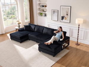 English Elm Convertible U-Shaped Sofa In Soft Corduroy Fabric - Modern 4-Seater For Stylish Living Room Comfort W1793S00033