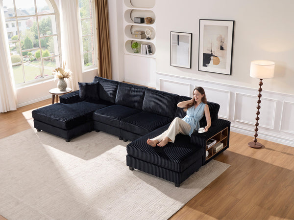 English Elm Convertible U-Shaped Sofa In Soft Corduroy Fabric - Modern 4-Seater For Stylish Living Room Comfort W1793S00033