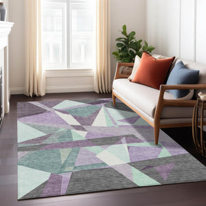 HomeRoots 9' Geometric Washable Area Rug in Bold Purple, Teal, Blue & Gray – Perfect for Indoor/Outdoor Use! 611968