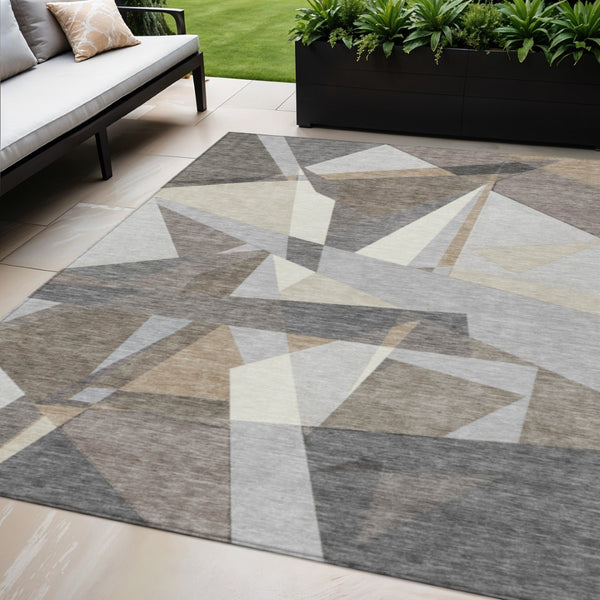 HomeRoots 5' Stylish Taupe Khaki & Gray Geometric Washable Area Rug - Perfect for Indoor & Outdoor Spaces! 611971