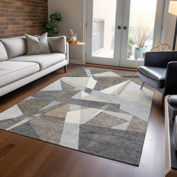 HomeRoots 5' Stylish Taupe Khaki & Gray Geometric Washable Area Rug - Perfect for Indoor & Outdoor Spaces! 611971