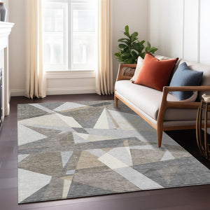 HomeRoots 5' Stylish Taupe Khaki & Gray Geometric Washable Area Rug - Perfect for Indoor & Outdoor Spaces! 611971