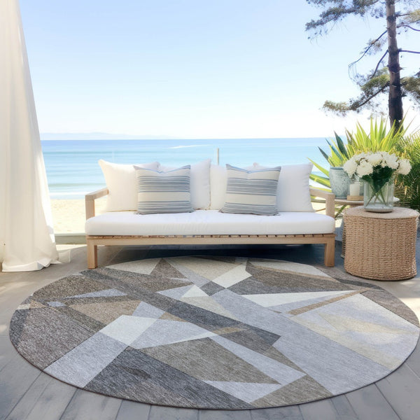 HomeRoots 8' Taupe Khaki and Gray Round Geometric Area Rug - Stylish, Washable, Indoor/Outdoor Versatile Design 611972