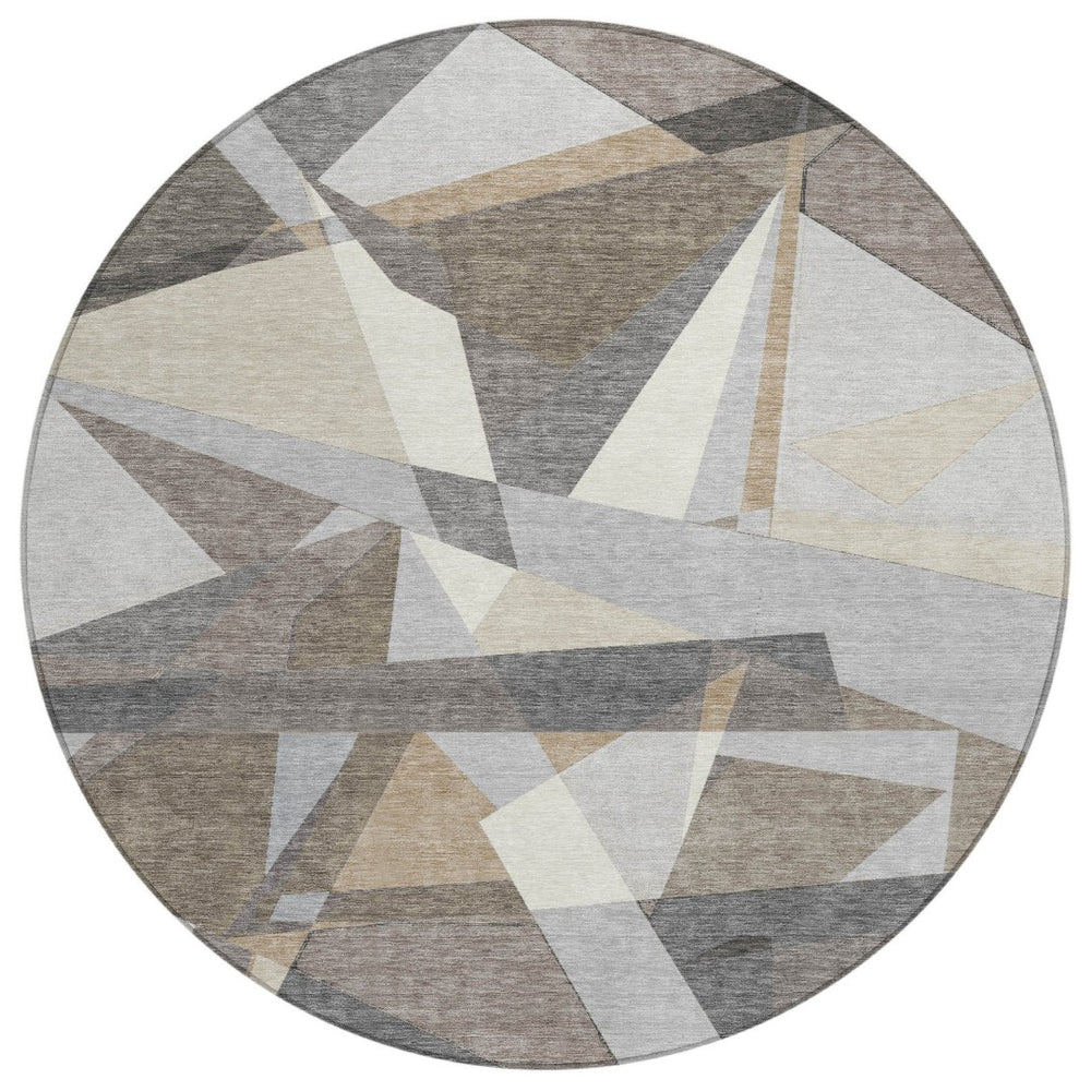 HomeRoots 8' Taupe Khaki and Gray Round Geometric Area Rug - Stylish, Washable, Indoor/Outdoor Versatile Design 611972