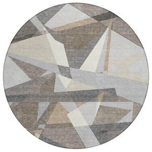 HomeRoots 8' Taupe Khaki and Gray Round Geometric Area Rug - Stylish, Washable, Indoor/Outdoor Versatile Design 611972