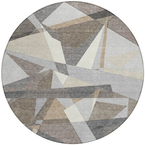 HomeRoots 8' Taupe Khaki and Gray Round Geometric Area Rug - Stylish, Washable, Indoor/Outdoor Versatile Design 611972