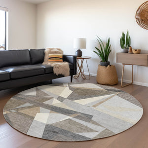 HomeRoots 8' Taupe Khaki and Gray Round Geometric Area Rug - Stylish, Washable, Indoor/Outdoor Versatile Design 611972
