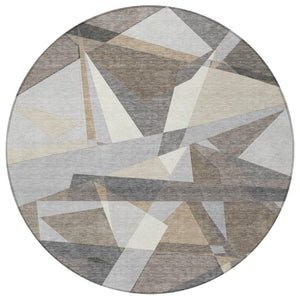 HomeRoots 8' Taupe Khaki and Gray Round Geometric Area Rug - Stylish, Washable, Indoor/Outdoor Versatile Design 611972