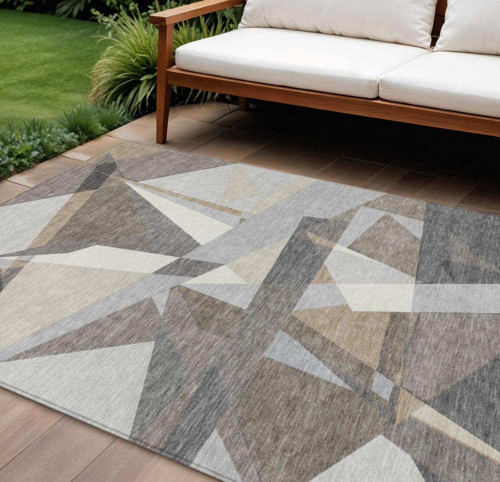 HomeRoots 8' X 10' Geometric Taupe Khaki & Gray Washable Area Rug - Durable, Stylish for Indoor & Outdoor Use 611973